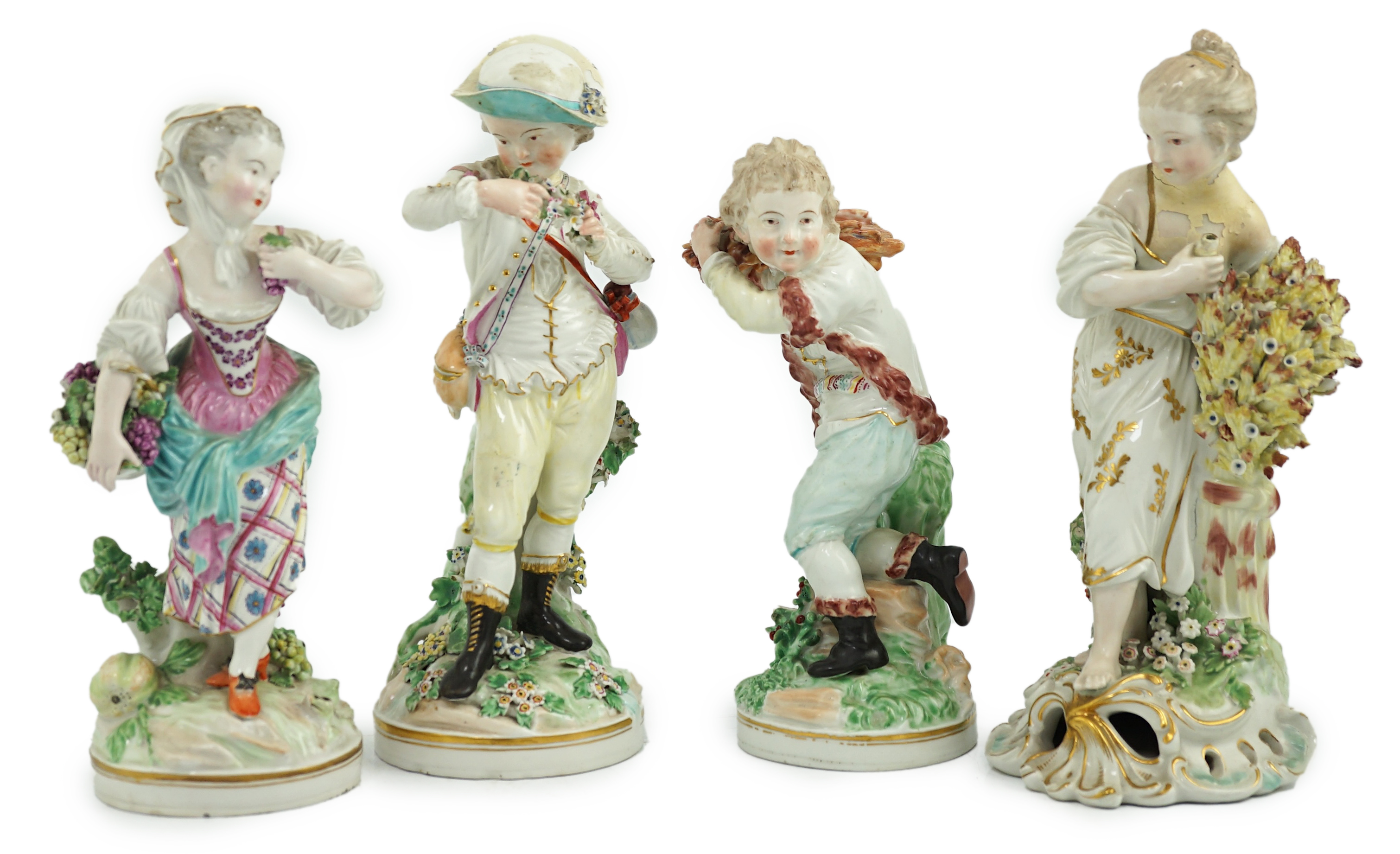 A composed set of four Derby figures emblematic of the Seasons, late 18th century, modelled by Pierre Stephan, some restoration